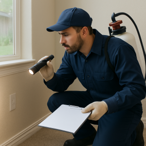 Image of a professional exterminator inspecting a home for rodents