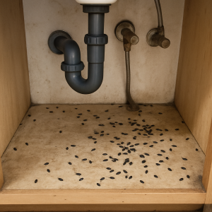 Image of rodent droppings under a kitchen sink
