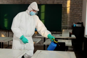 A technician in protective gear disinfecting a room as part of professional bedbug removal services.