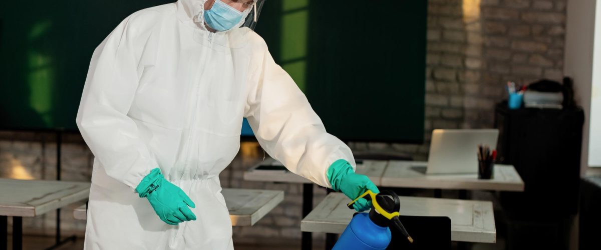 A technician in protective gear disinfecting a room as part of professional bedbug removal services.