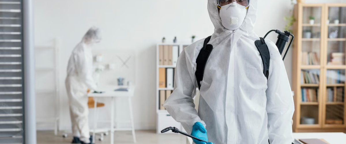 Team of workers in protective suits performing pest control and disinfecting a contaminated area.
