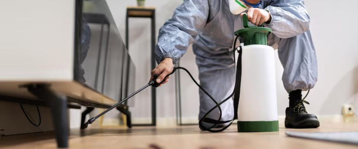 Pest control exterminator spraying termite pesticide indoors to ensure effective pest control treatment.
