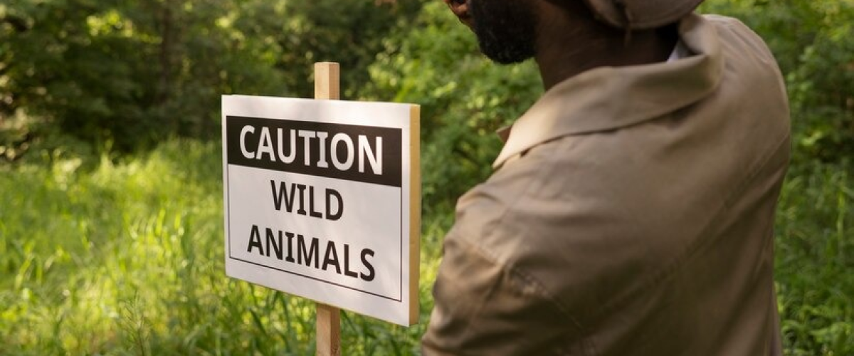 Warning sign about wild animals, indicating the need for professional snake removal services.